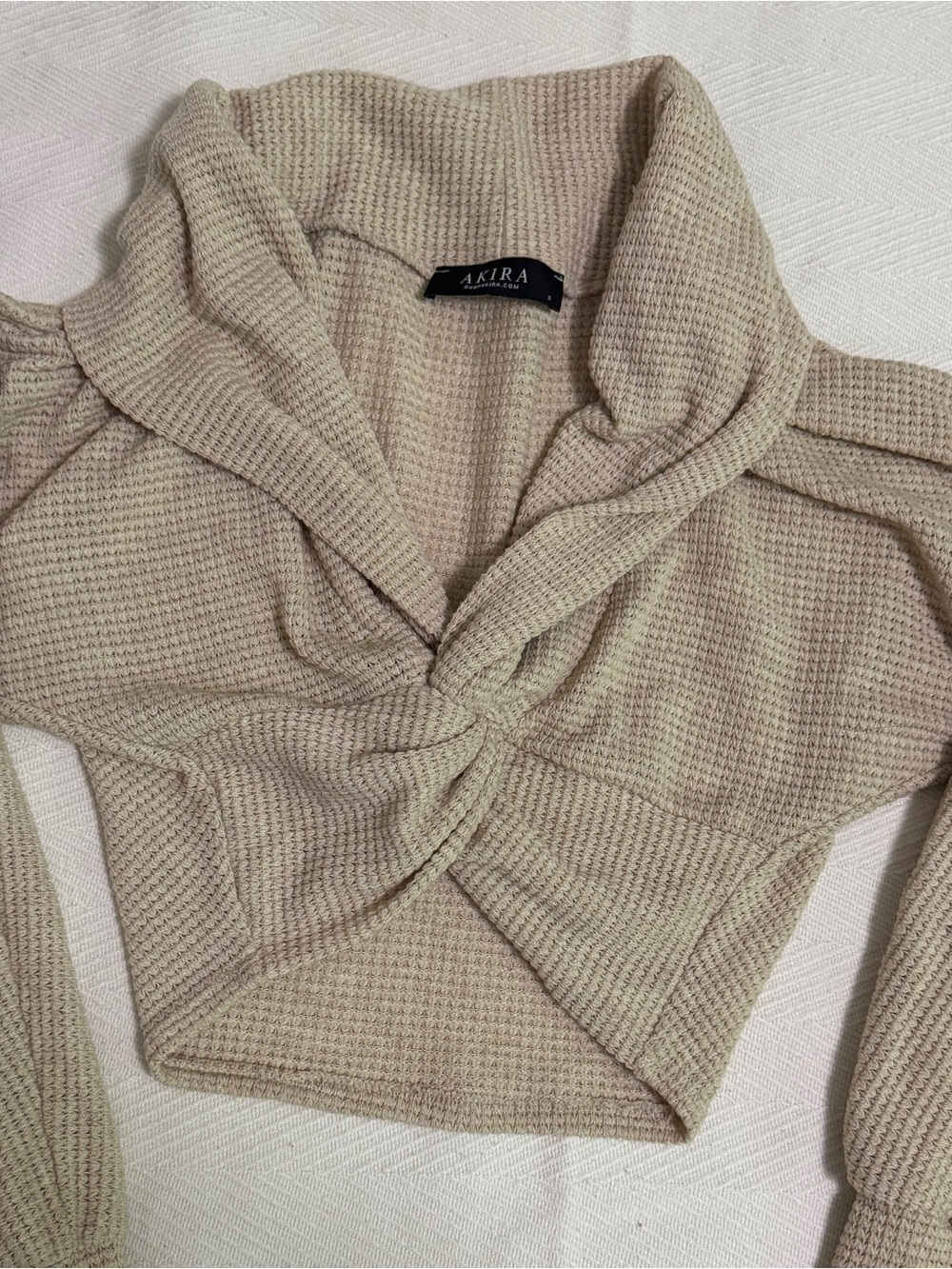 AKIRA Beige Twist-Front Waffle Knit Turtleneck Sweater